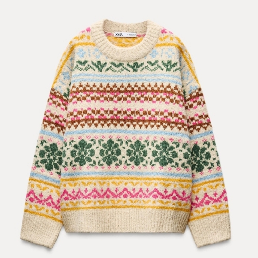 Zara oversized knit jacquard sweater fairisle pattern pink green size L